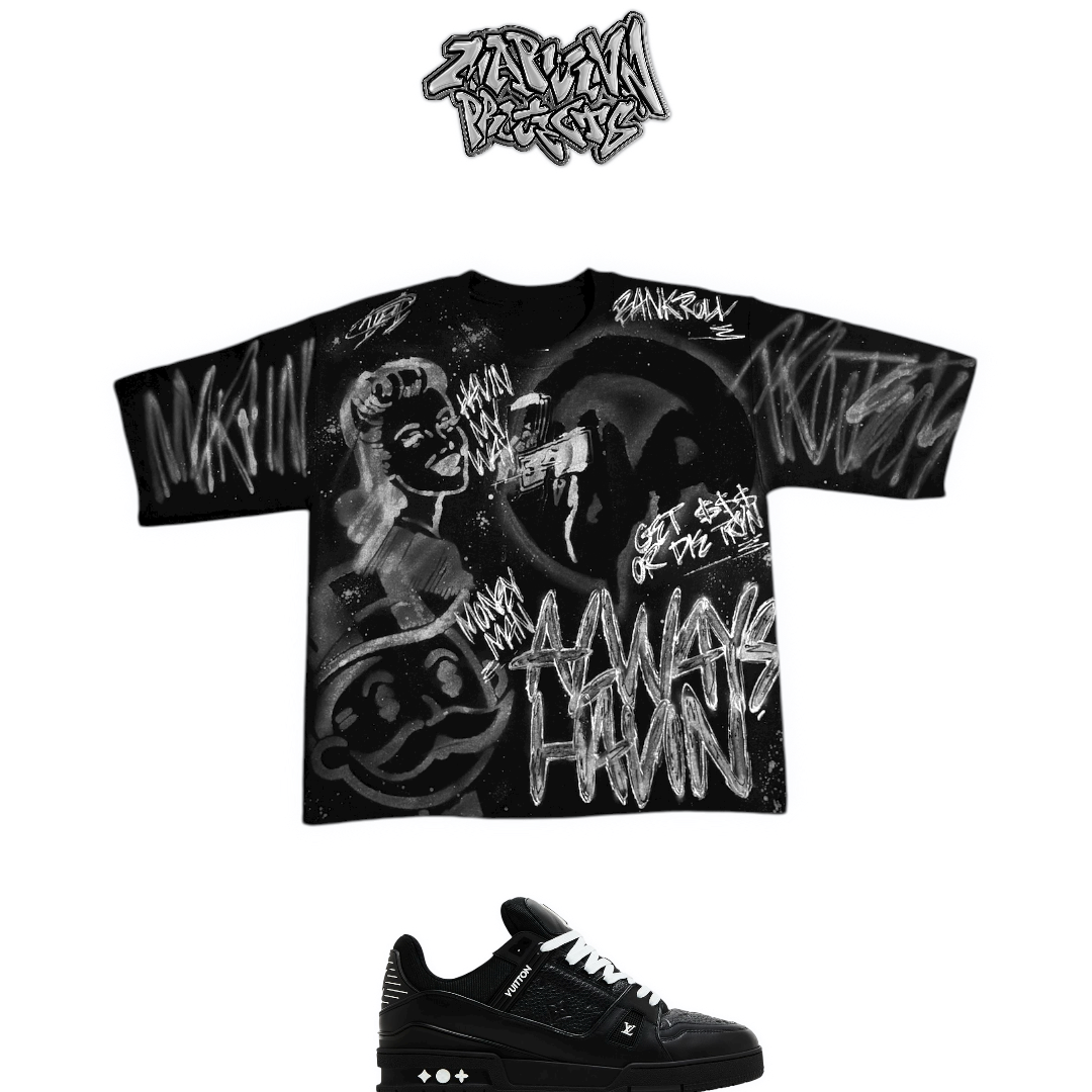 Black t-shirt with white graphics and text, paired with a black sneaker on a white background.